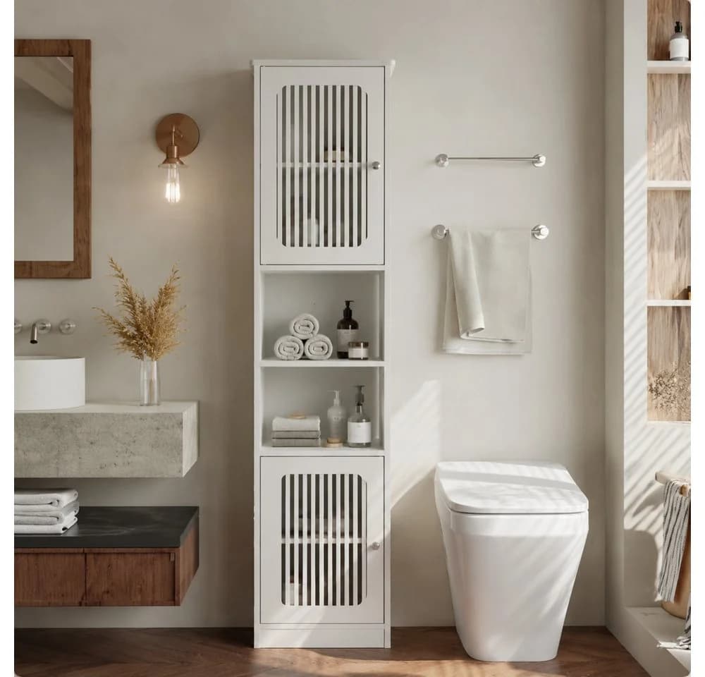 BBWL Hochschrank Weiß mit Lamellentüren und verstellbaren Böden - Bild 2