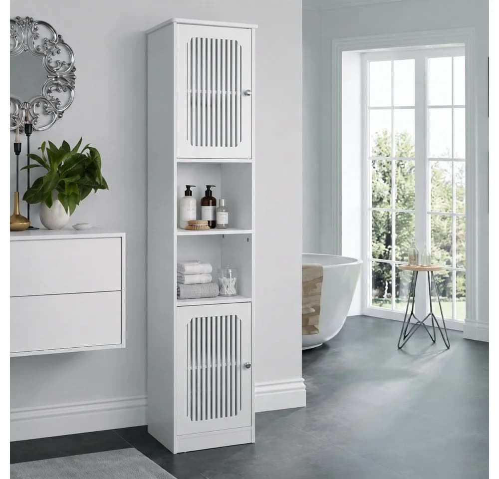 BBWL Hochschrank Weiß mit Lamellentüren und verstellbaren Böden - Bild 3