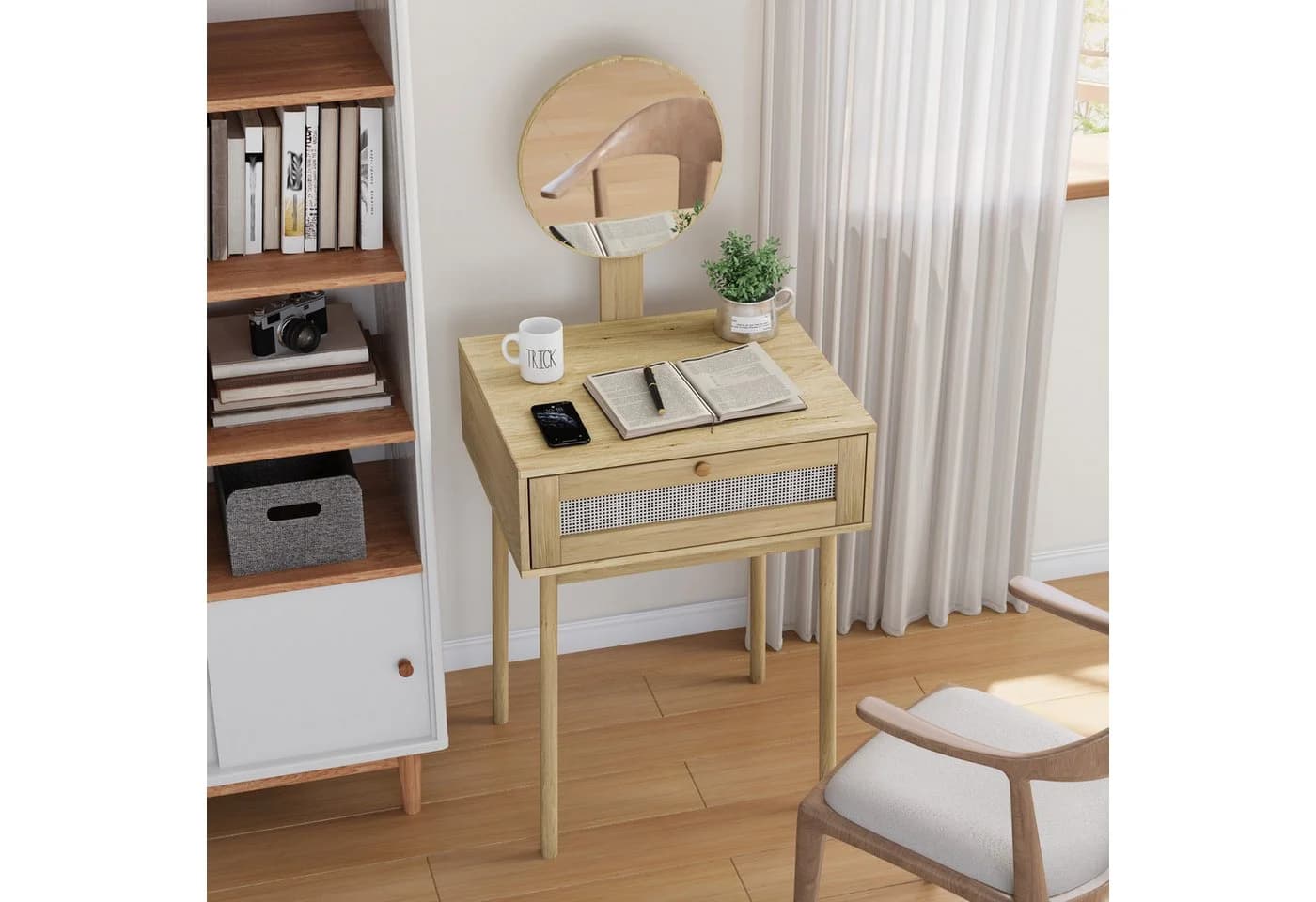 MODFU Schminktisch Bohemian Rattan mit Spiegel 2 Schubladen - Bild 3