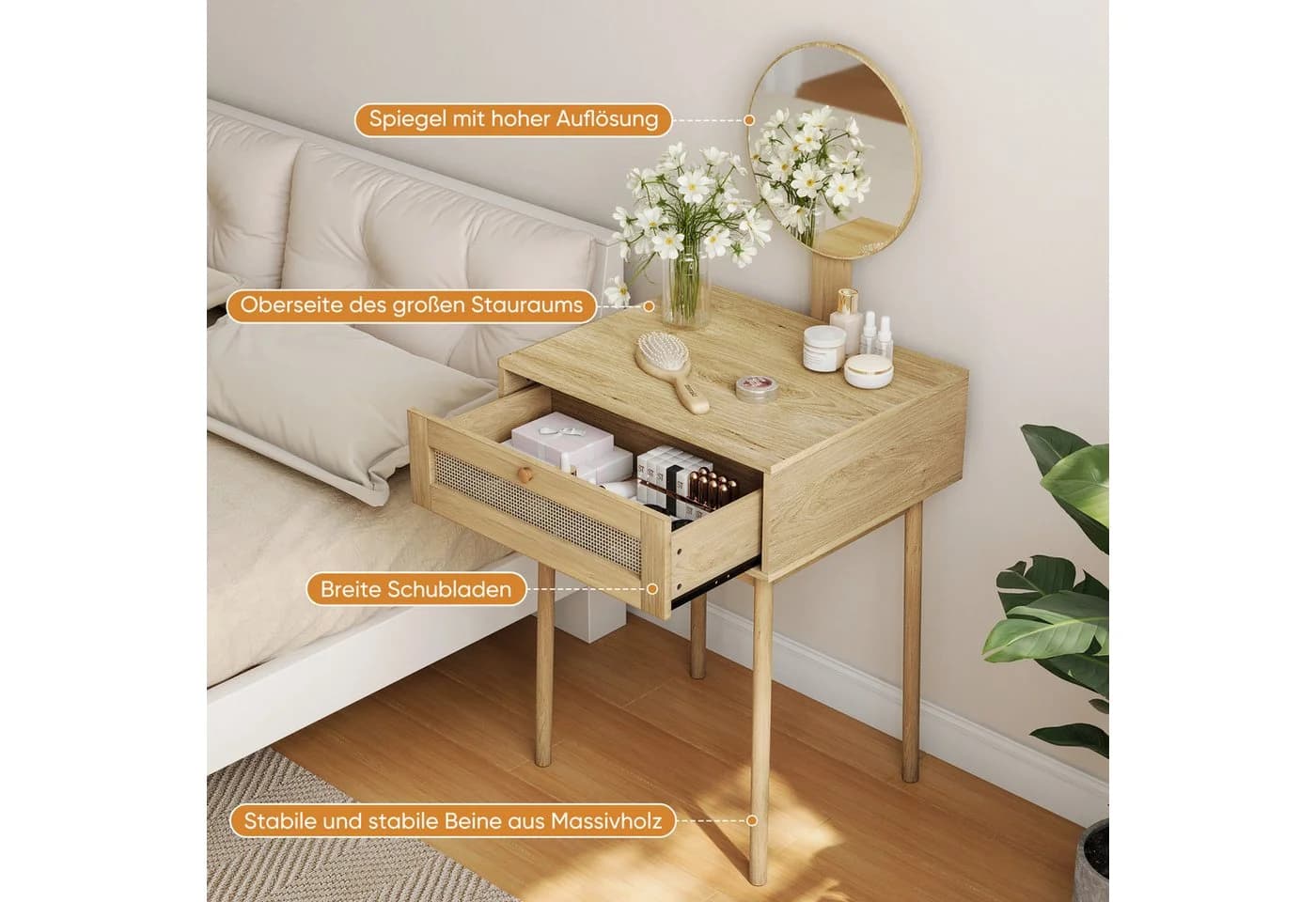 MODFU Schminktisch Bohemian Rattan mit Spiegel 2 Schubladen - Bild 4
