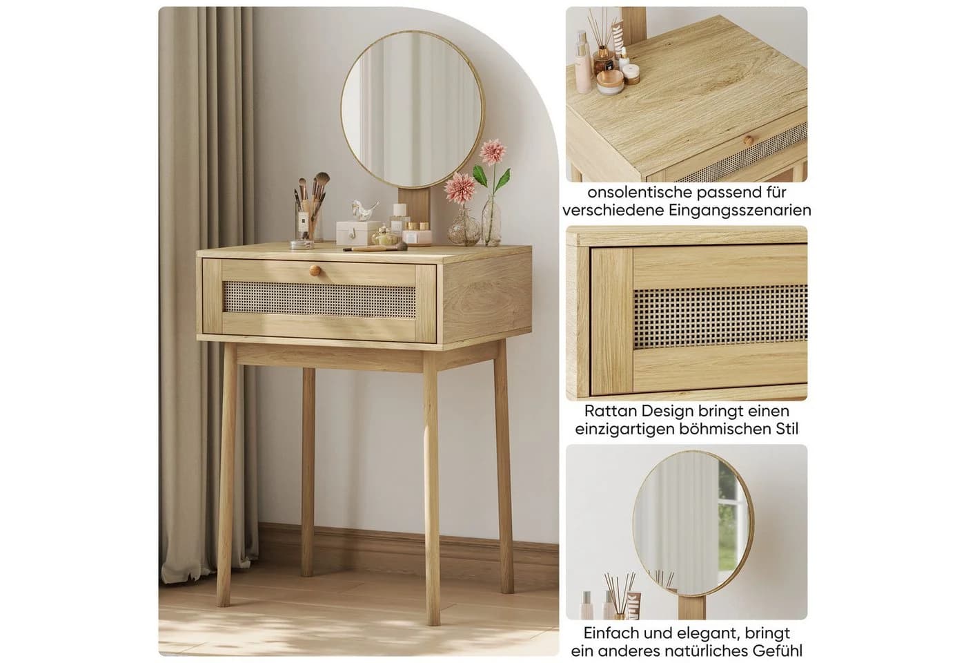 MODFU Schminktisch Bohemian Rattan mit Spiegel 2 Schubladen - Bild 5