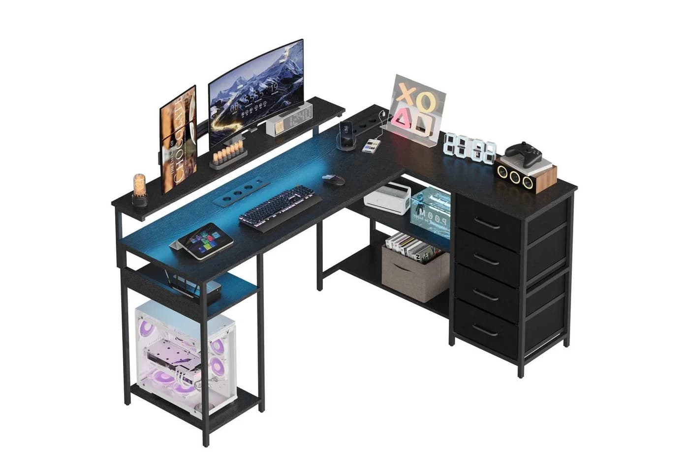 BBWL Computertisch Schwarz mit Monitorständer, Steckdosenleiste & 4 Schubladen - Bild 2