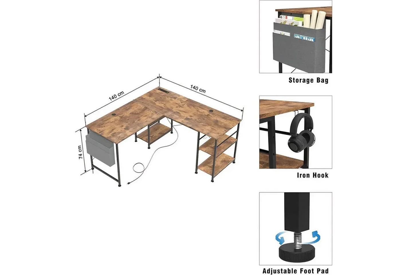 BBWL Computertisch 140x140 cm Braun mit Steckdosen & USB