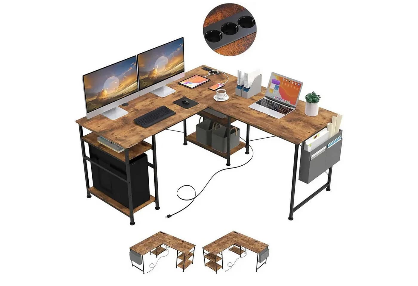 BBWL Computertisch 140x140 cm Braun mit Steckdosen & USB - Bild 2