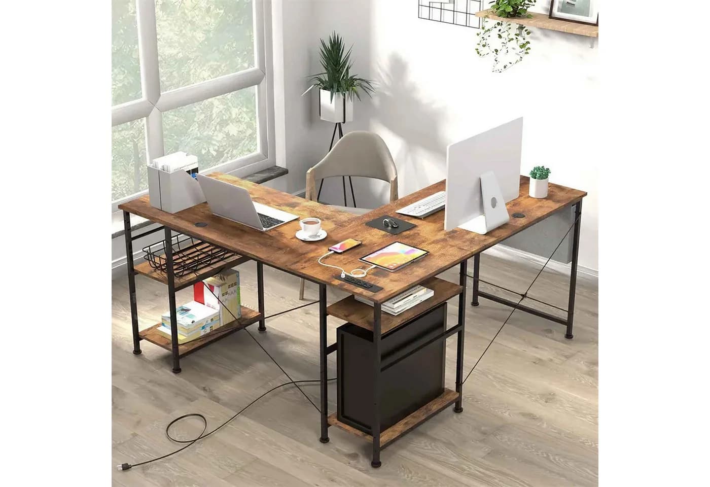 BBWL Computertisch 140x140 cm Braun mit Steckdosen & USB - Bild 3