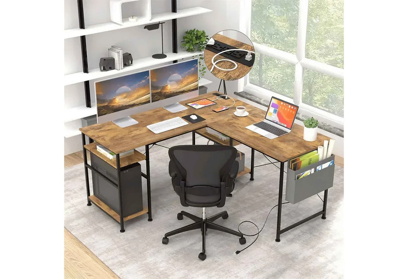 BBWL Computertisch 140x140 cm Braun mit Steckdosen & USB - Bild 4