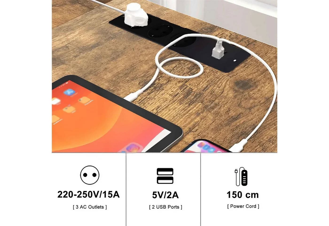 BBWL Computertisch 140x140 cm Braun mit Steckdosen & USB - Bild 5