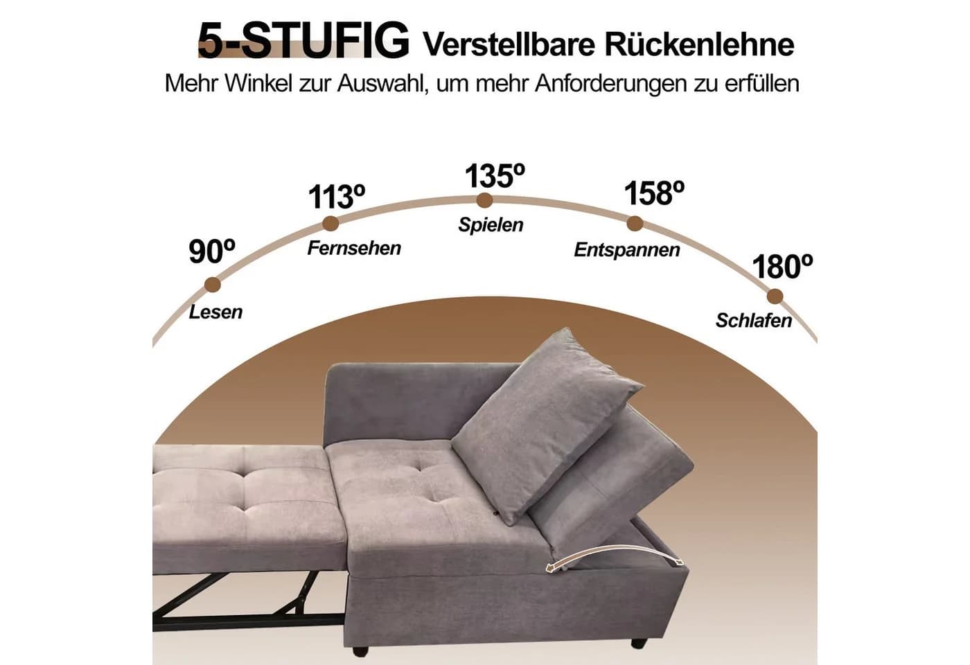 OKWISH Schlafsofa Loungesofa 3-in-1 mit verstellbarer Rückenlehne Grau Leinen - Bild 4
