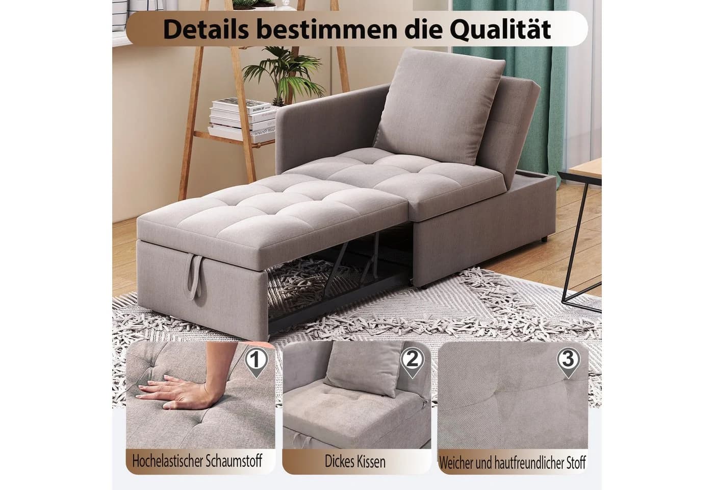 OKWISH Schlafsofa Loungesofa 3-in-1 mit verstellbarer Rückenlehne Grau Leinen - Bild 5