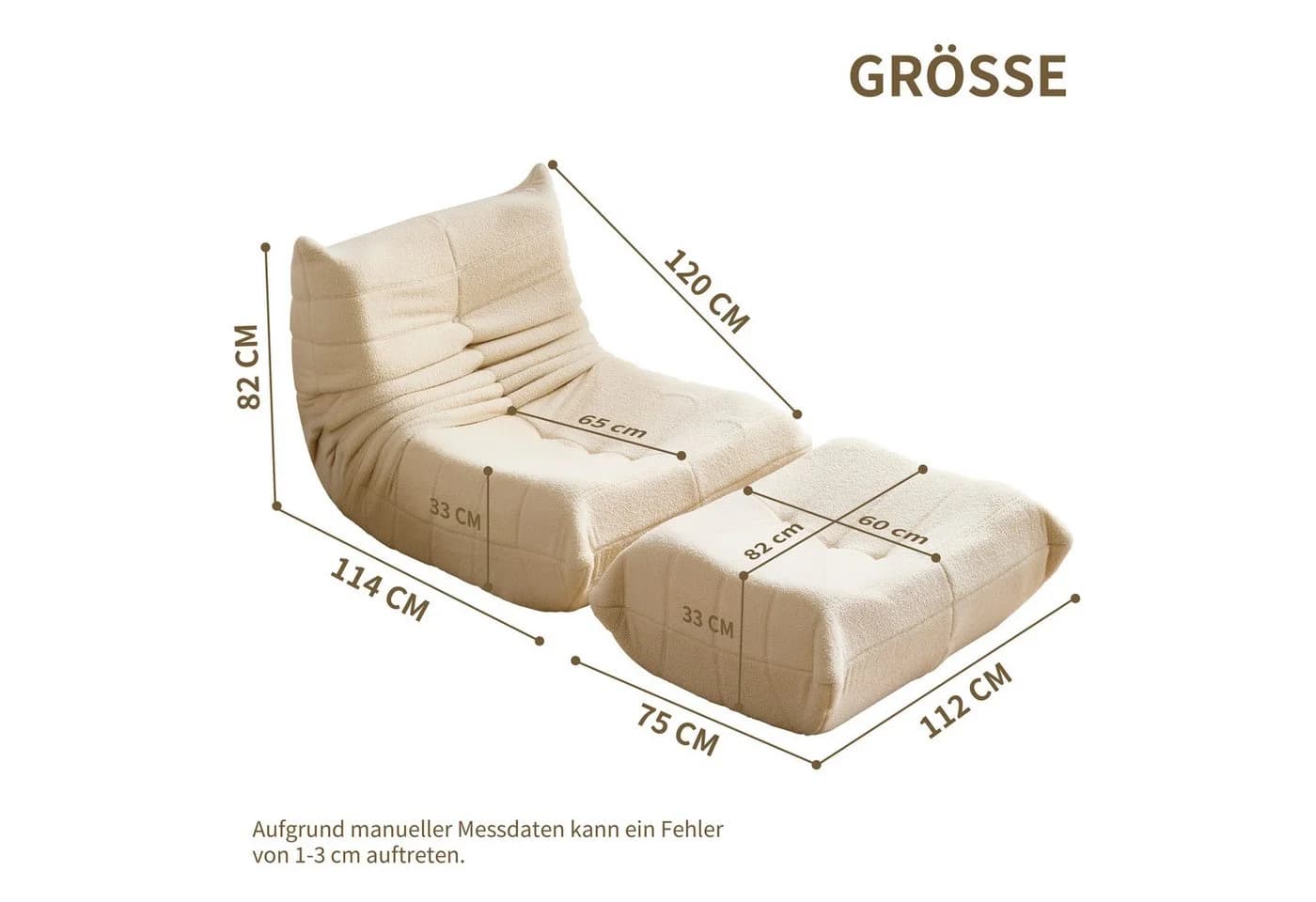 STILVORA Sitzsack Relaxsessel Beige mit Fußhocker & Teddyfell