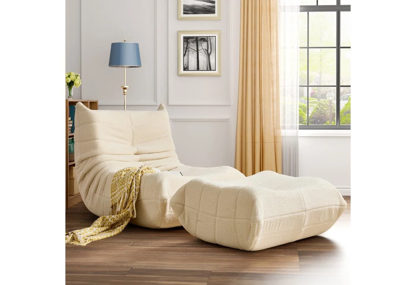 STILVORA Sitzsack Relaxsessel Beige mit Fußhocker & Teddyfell - Bild 2