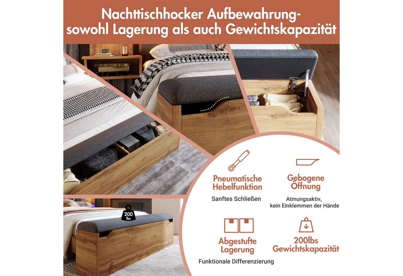 OKWISH Holzbett mit Stauraum und USB-Anschlüssen - Bild 5
