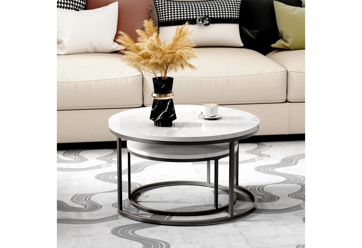 STILVORA Couchtisch 2-tlg. Schwarz/Weiß Stapelbar MDF Metall