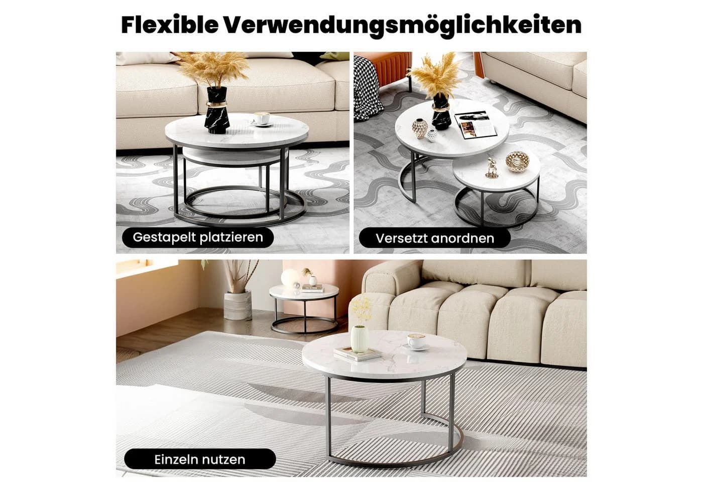 STILVORA Couchtisch 2-tlg. Schwarz/Weiß Stapelbar MDF Metall - Bild 4