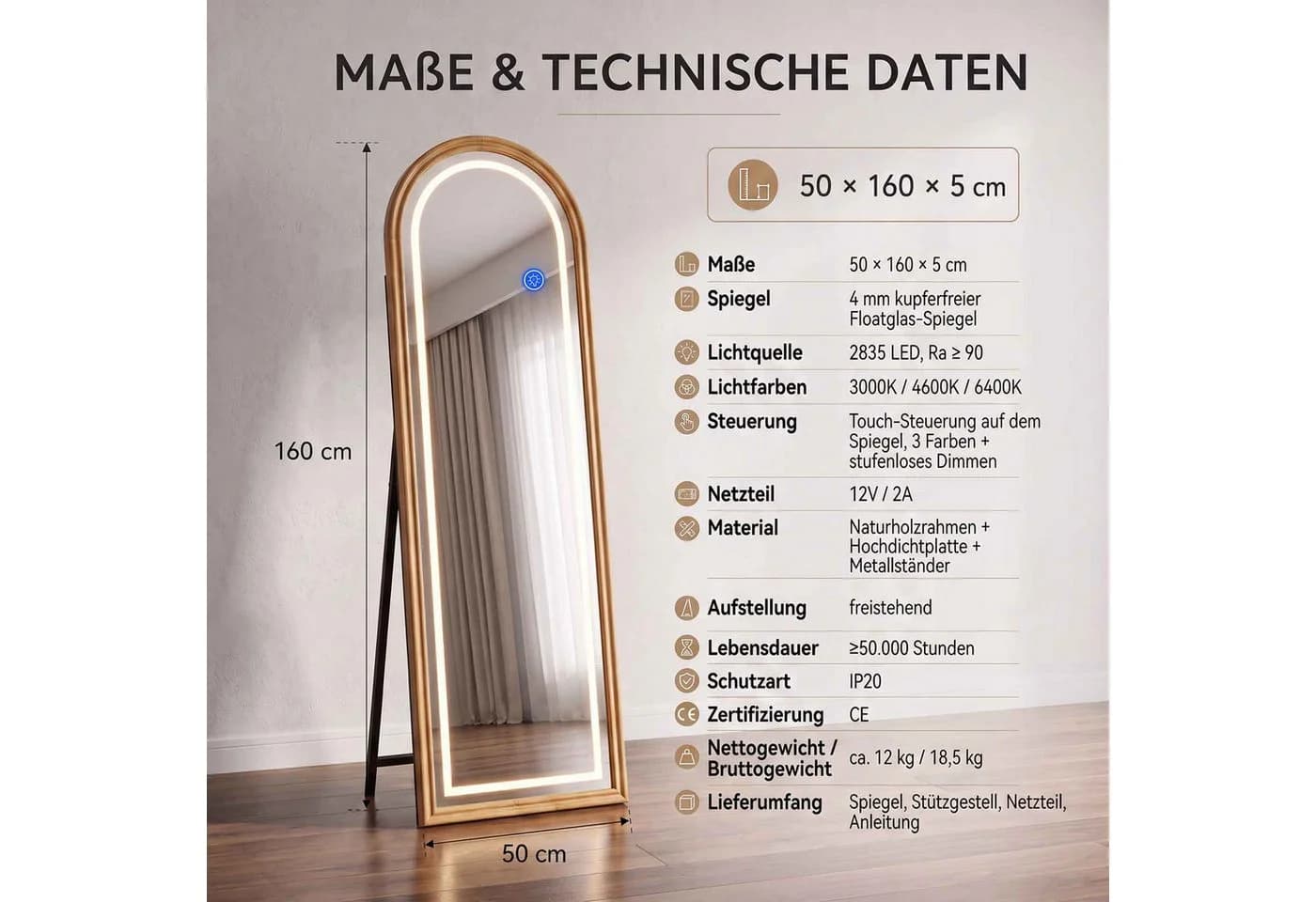 BBWL Ganzkörperspiegel LED Bogenform Holzrahmen 160x50cm - Bild 4