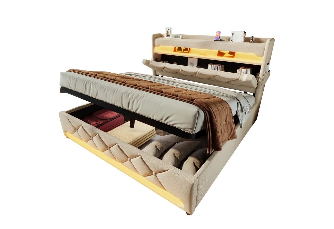 REDOM Polsterbett Modern mit LED, USB & Stauraum Beige 180x200 - Bild 2