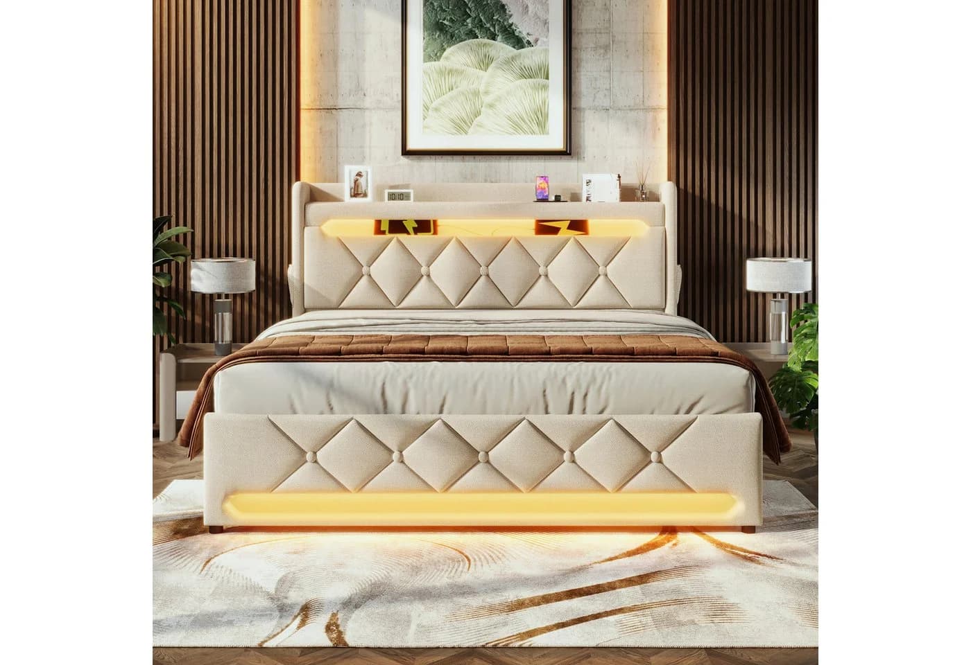 REDOM Polsterbett Modern mit LED, USB & Stauraum Beige 180x200 - Bild 3