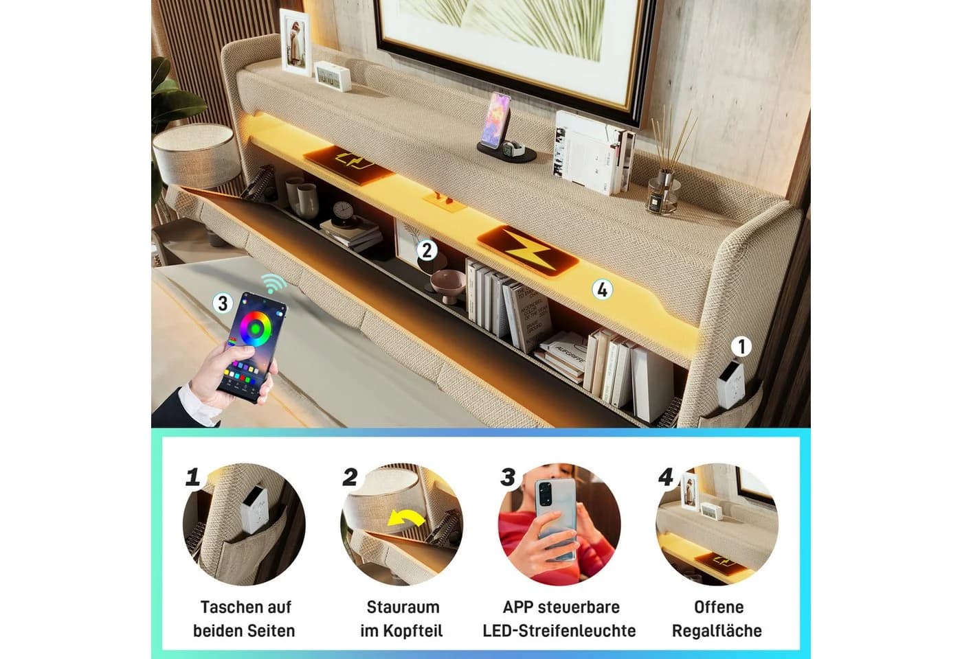 REDOM Polsterbett Modern mit LED, USB & Stauraum Beige 180x200 - Bild 5
