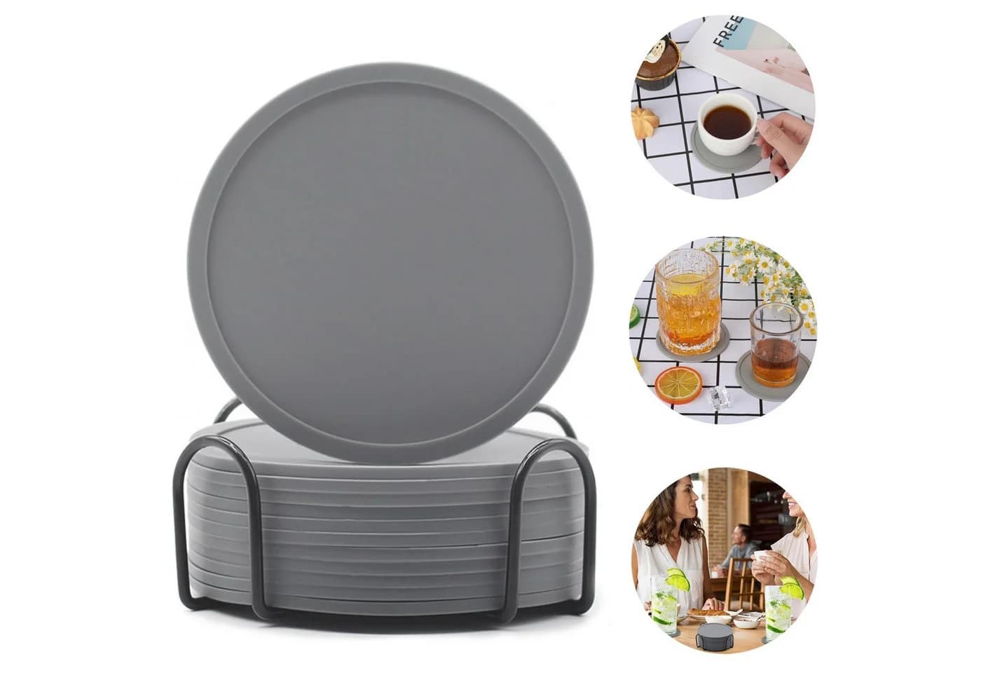 OKWISH 12er Getränkeuntersetzer Silikon Grau mit Edelstahl Halter - Bild 2