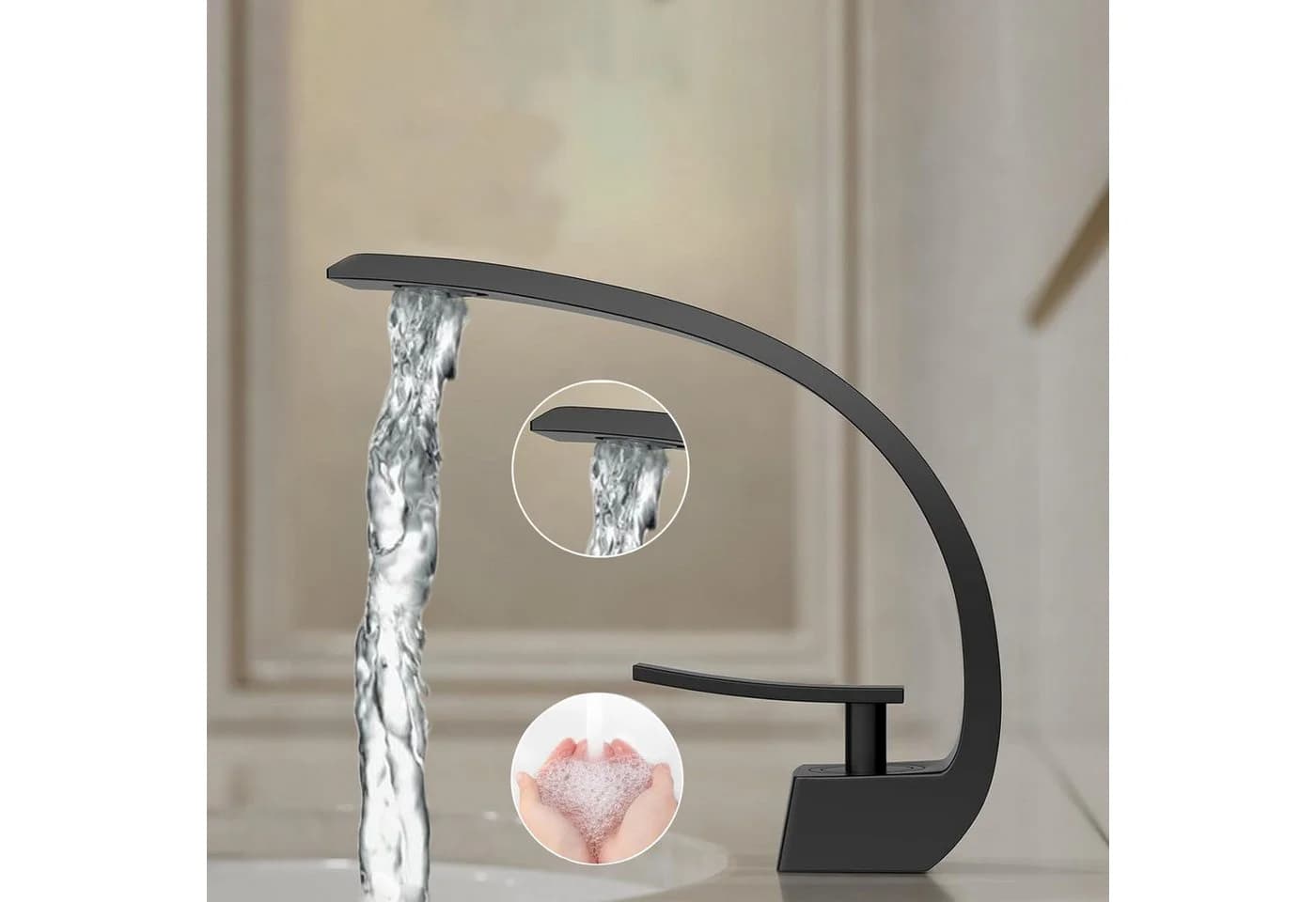 OKWISH Waschtischarmatur Wasserfall Schwarz Einhebel Messing Chrom