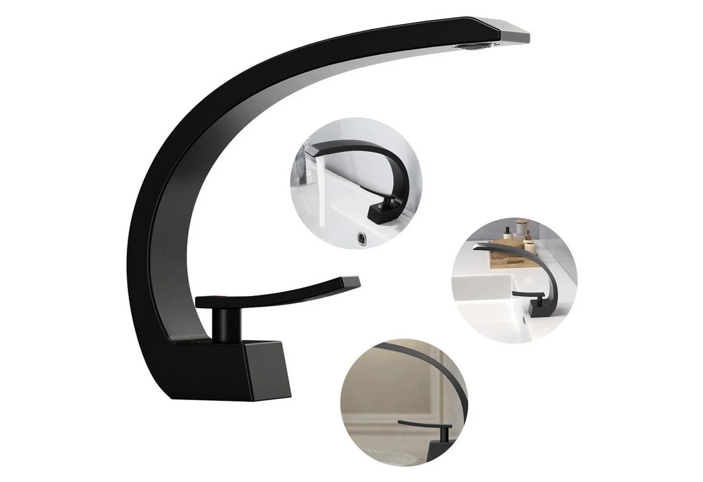 OKWISH Waschtischarmatur Wasserfall Schwarz Einhebel Messing Chrom - Bild 2