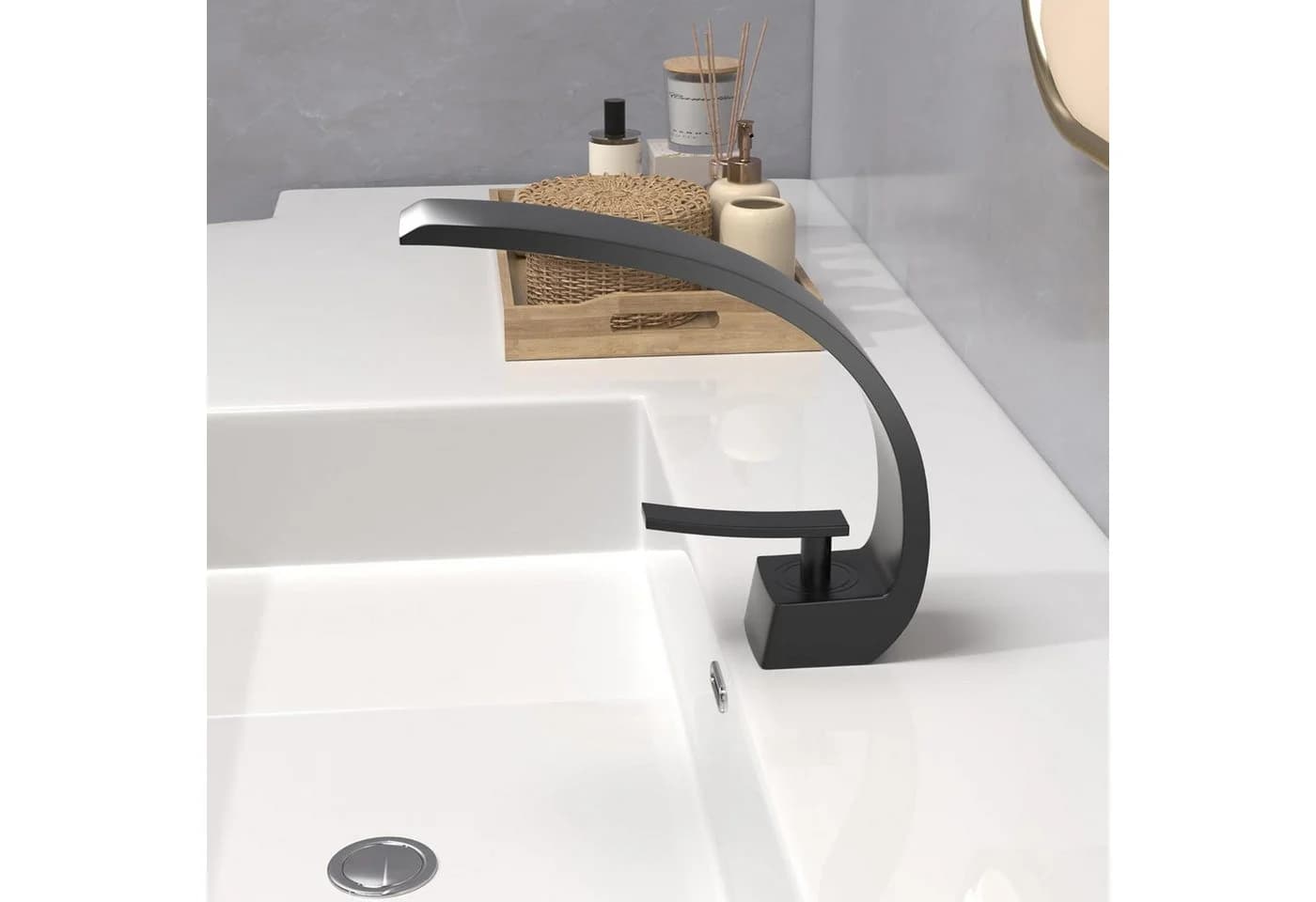 OKWISH Waschtischarmatur Wasserfall Schwarz Einhebel Messing Chrom - Bild 3