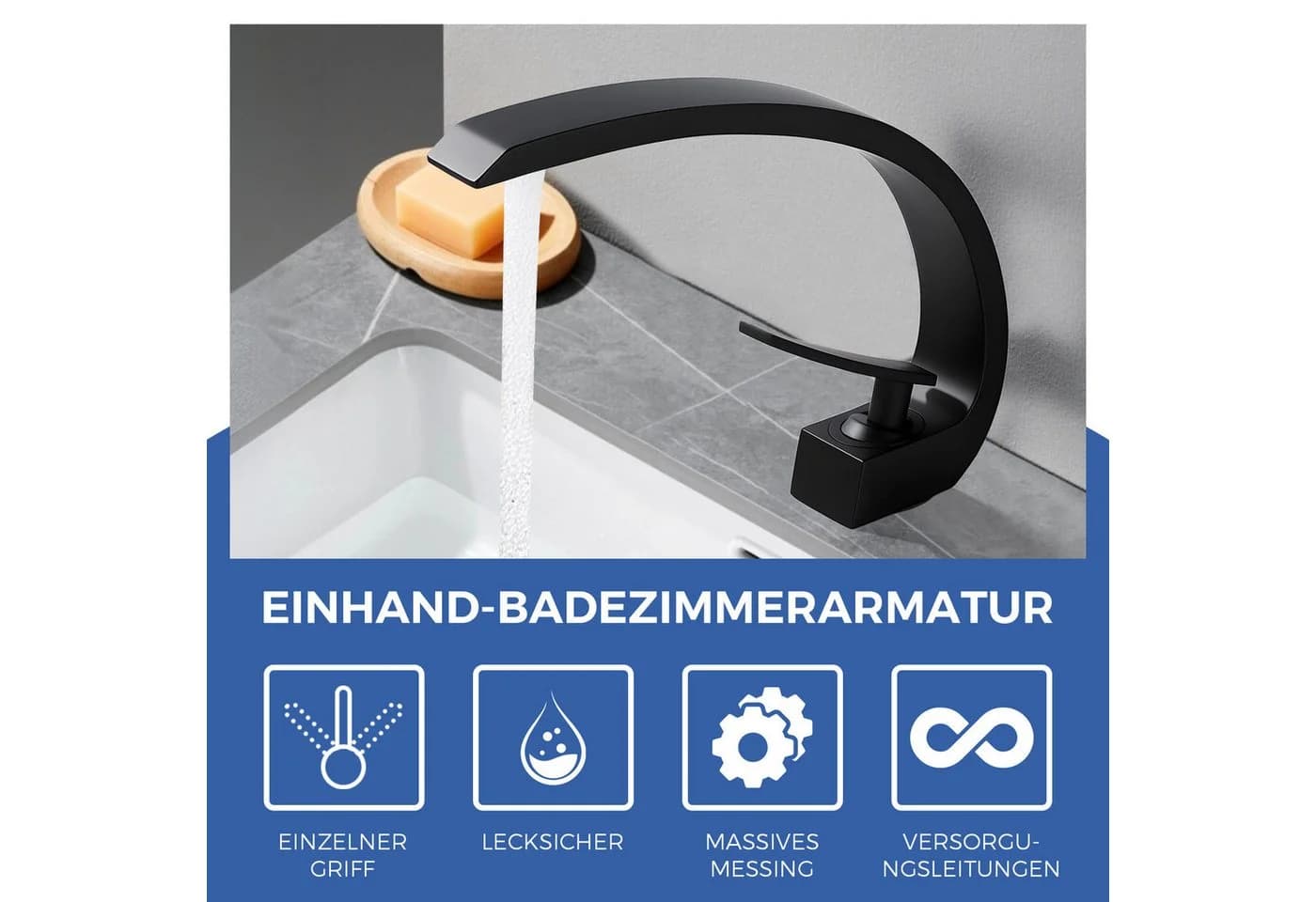 OKWISH Waschtischarmatur Wasserfall Schwarz Einhebel Messing Chrom - Bild 4