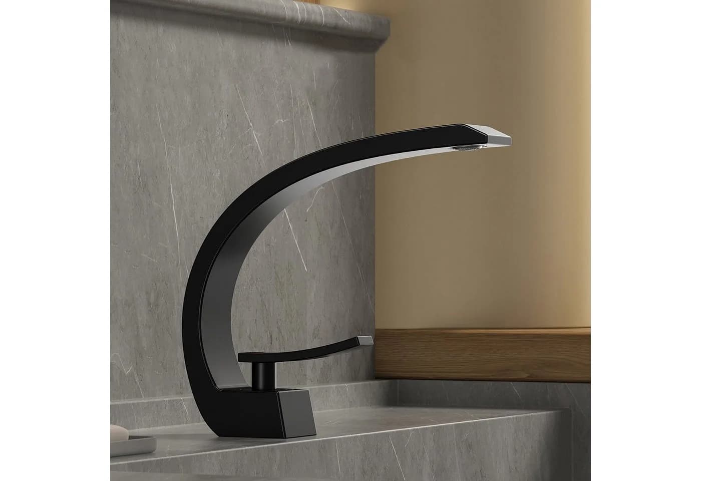 OKWISH Waschtischarmatur Wasserfall Schwarz Einhebel Messing Chrom - Bild 5