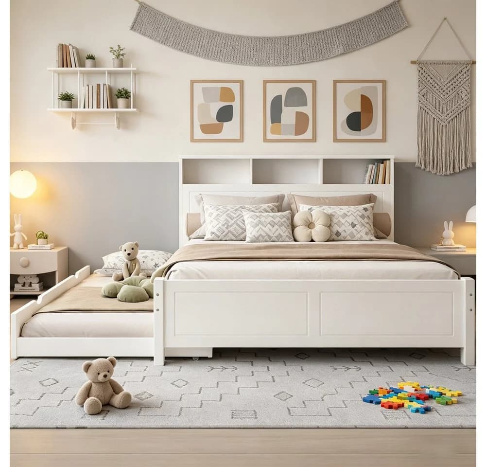 REDOM Holzbett mit Ausziehbett, Ladebuchse & LED-Licht Weiß