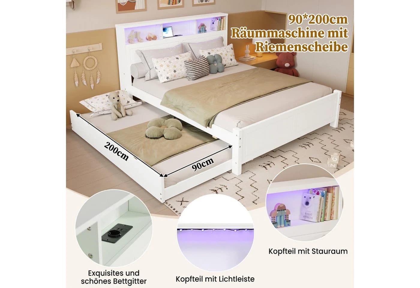 REDOM Holzbett mit Ausziehbett, Ladebuchse & LED-Licht Weiß - Bild 3