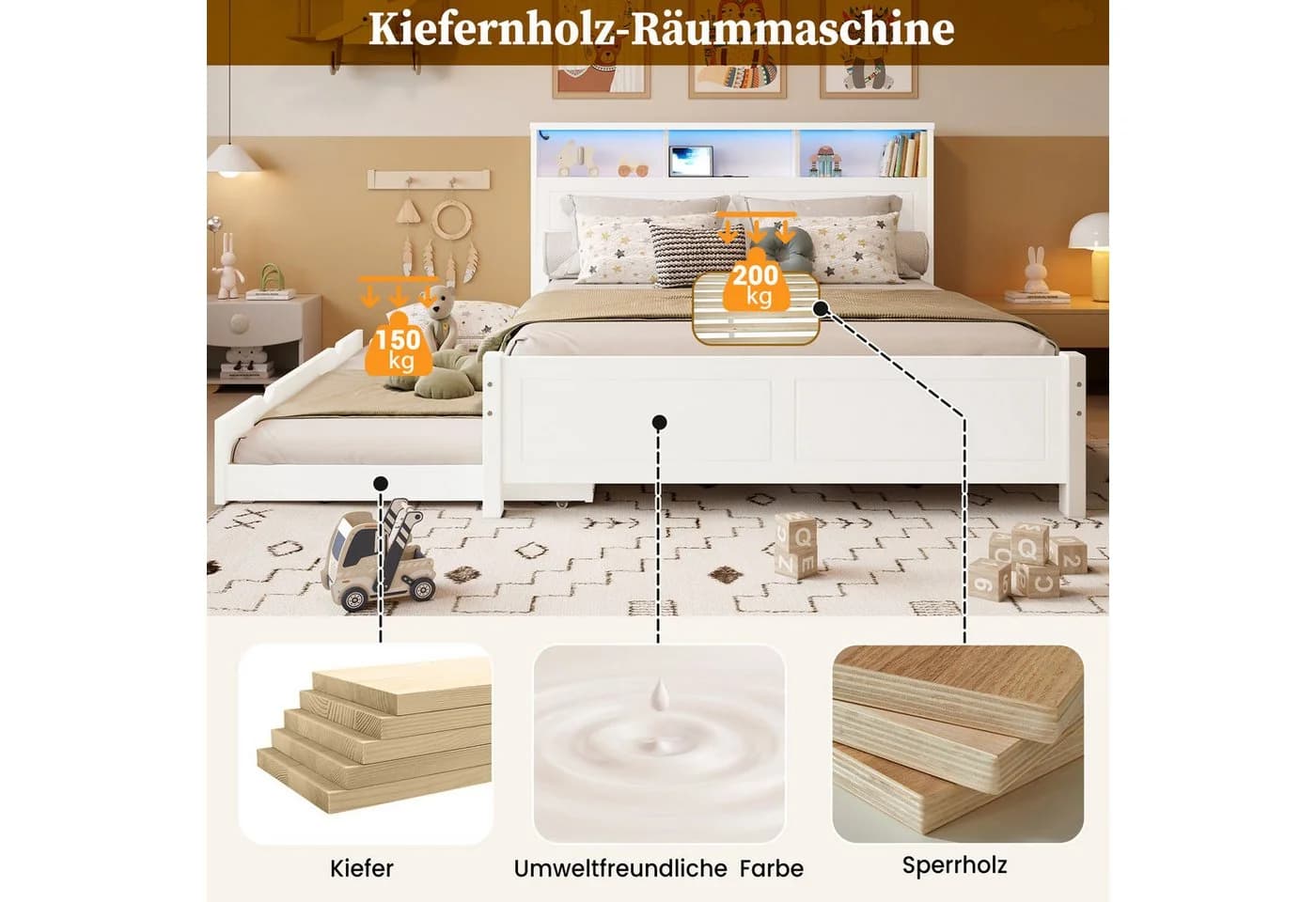 REDOM Holzbett mit Ausziehbett, Ladebuchse & LED-Licht Weiß - Bild 4