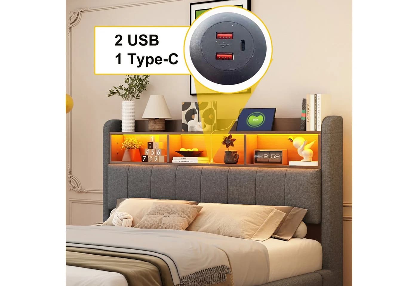 STILVORA Polsterbett 140x200 Grau mit LED, USB & Matratze - Bild 4
