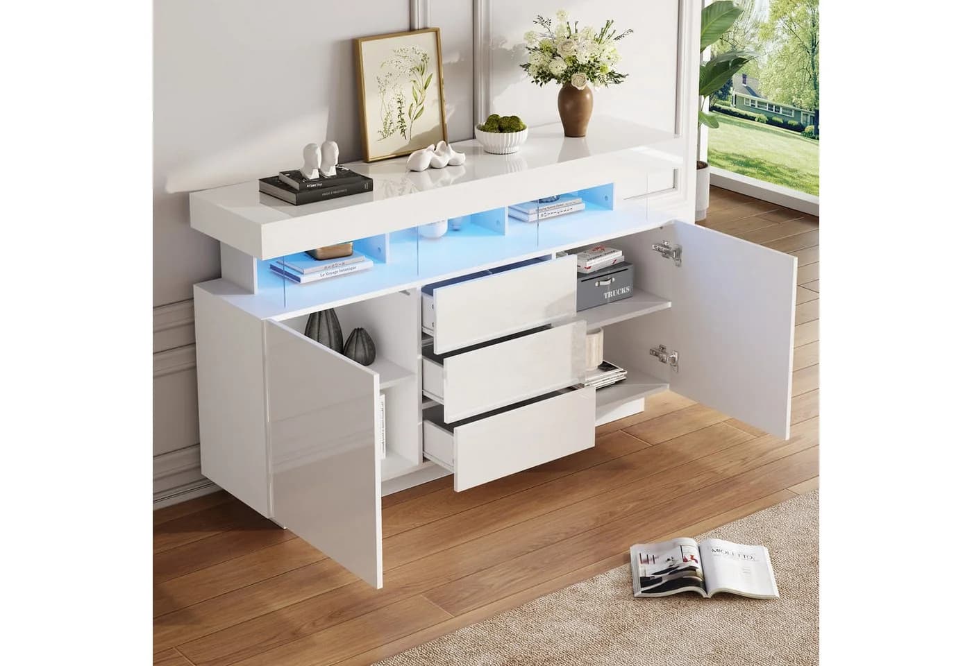 OKWISH Sideboard mit LED-Beleuchtung Schwarz/Eiche