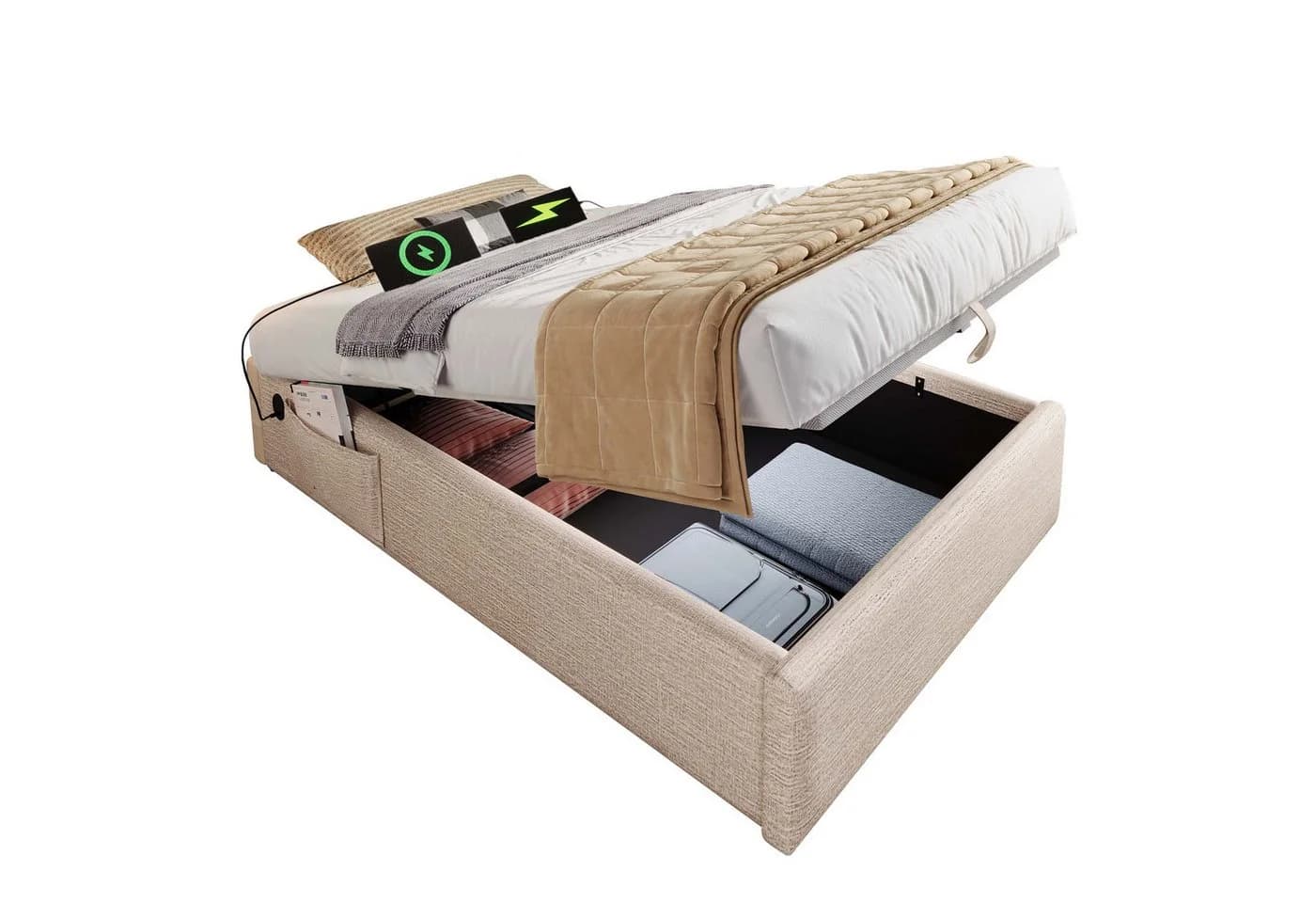 REDOM Polsterbett 90x200 cm mit Bettkasten, USB-Anschluss & Lattenrost - Bild 2