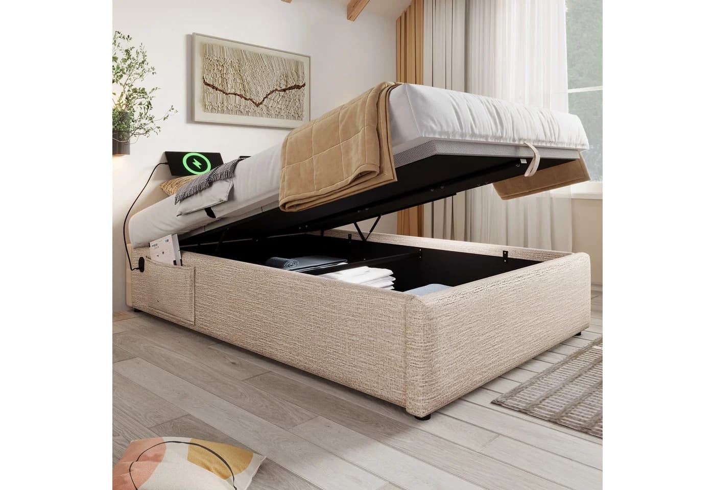 REDOM Polsterbett 90x200 cm mit Bettkasten, USB-Anschluss & Lattenrost - Bild 3