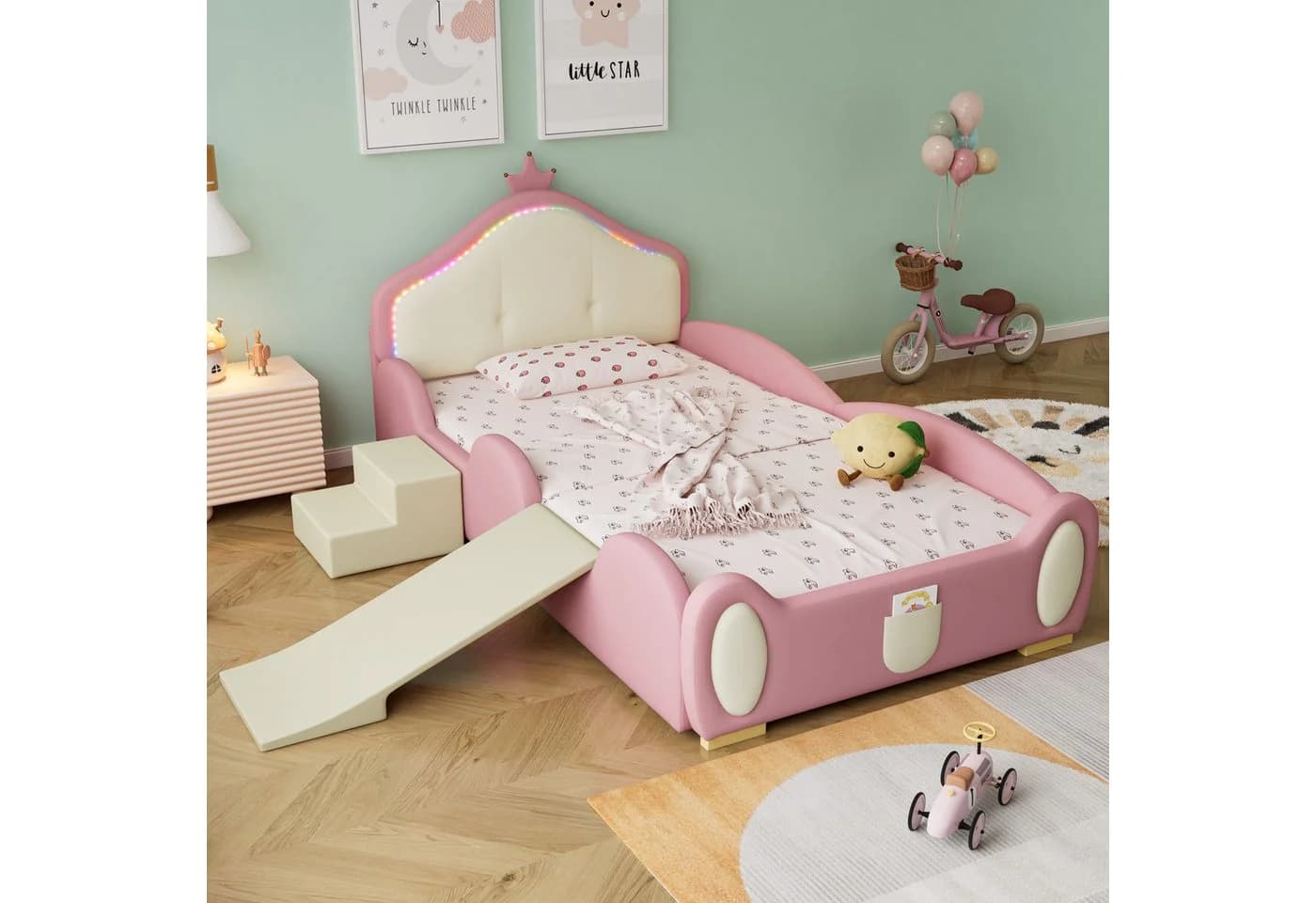 REDOM Kinderbett Polsterbett Rosa Beige mit LED, Rutsche & Treppe