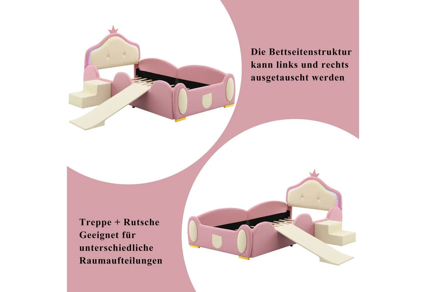REDOM Kinderbett Polsterbett Rosa Beige mit LED, Rutsche & Treppe - Bild 4