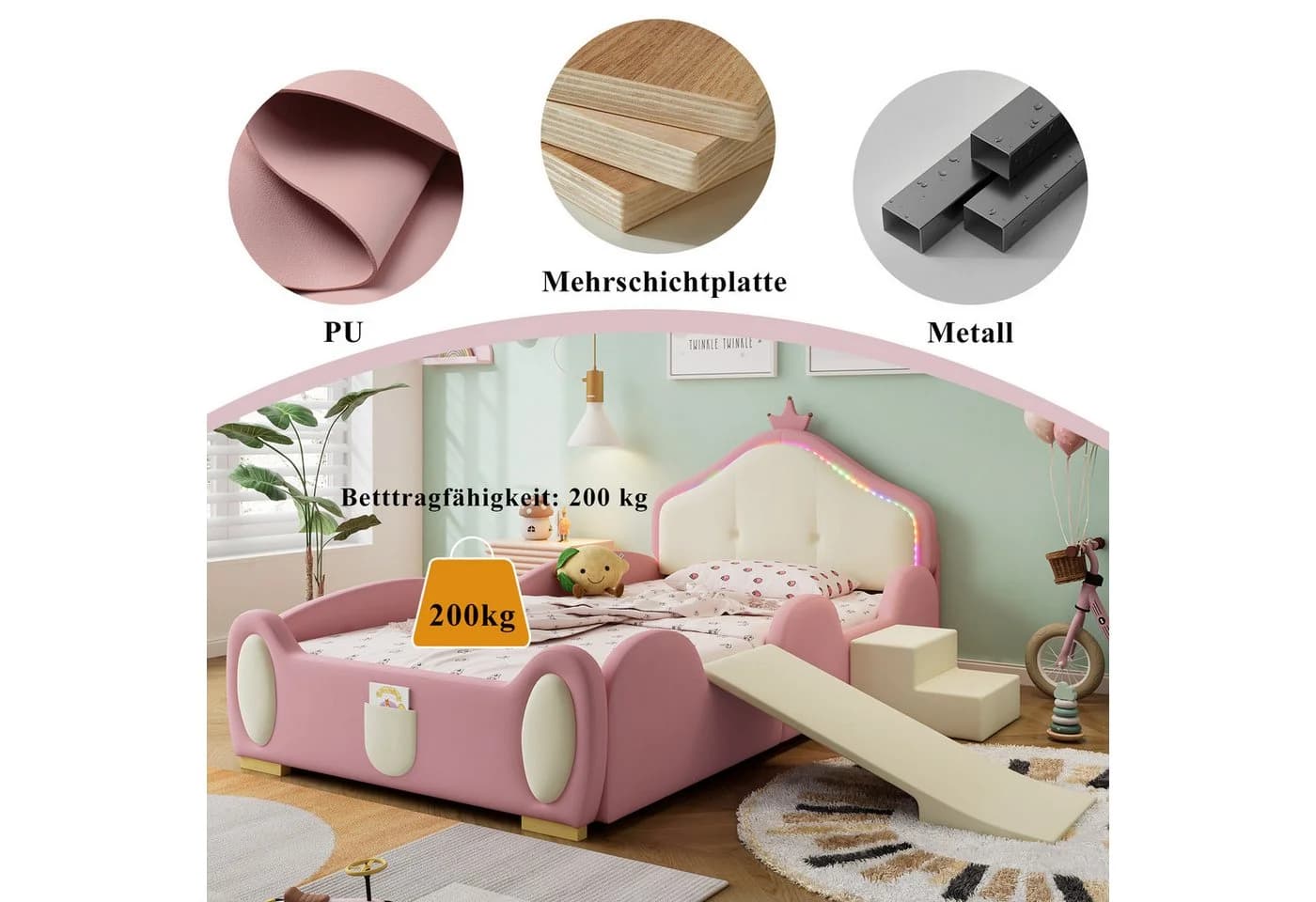 REDOM Kinderbett Polsterbett Rosa Beige mit LED, Rutsche & Treppe - Bild 5