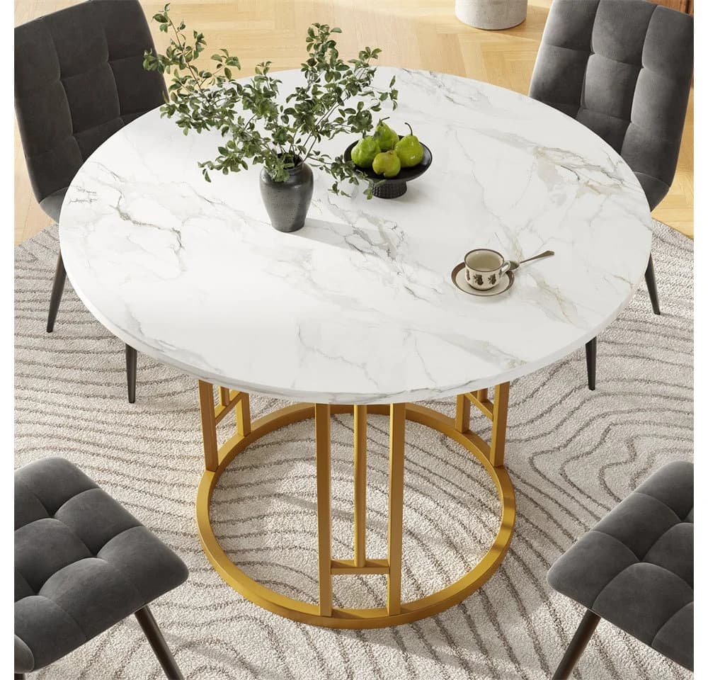 MODFU Esstisch Rund 80 cm Marmoroptik Gold Metall - Bild 3