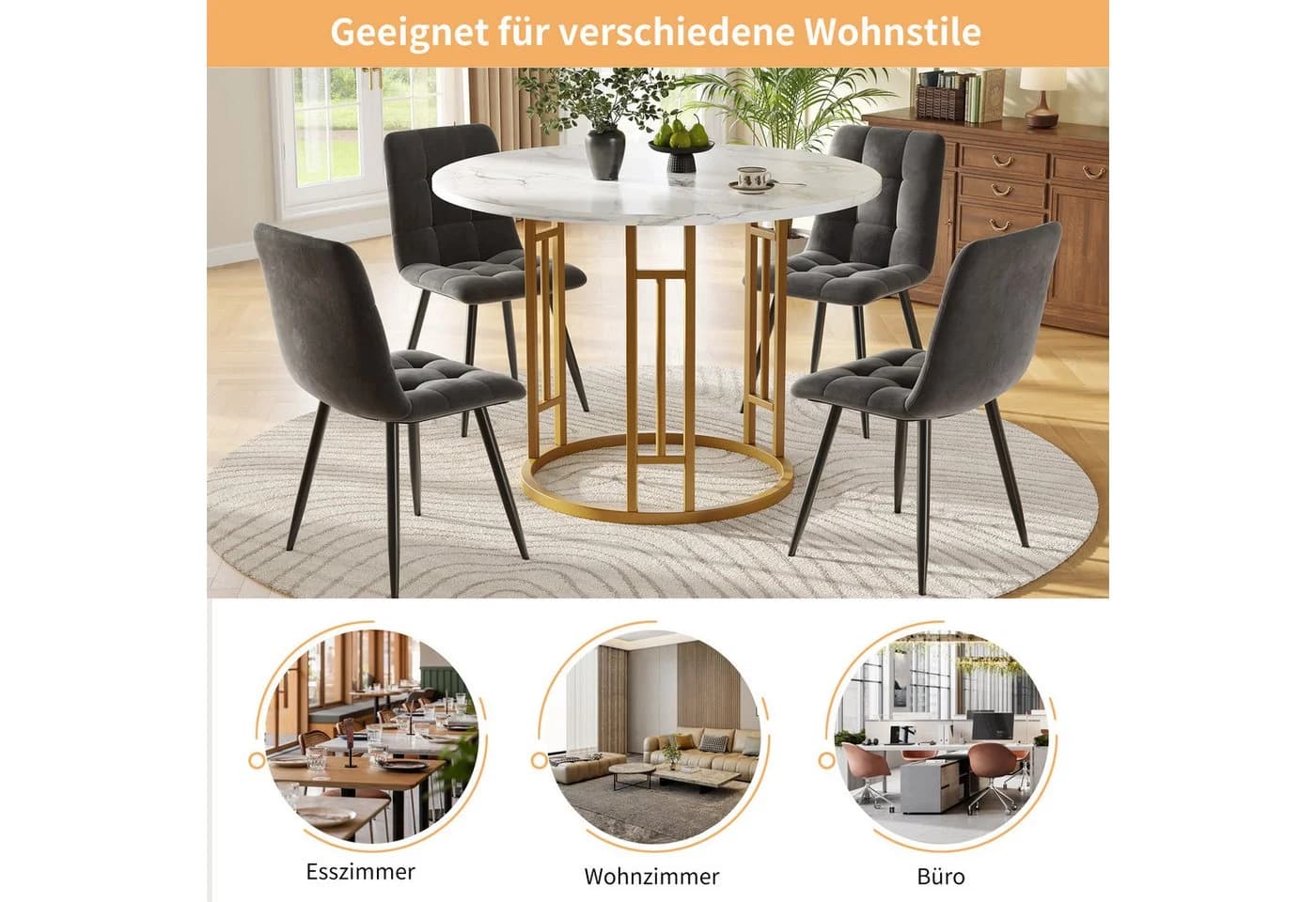 MODFU Esstisch Rund 80 cm Marmoroptik Gold Metall - Bild 4