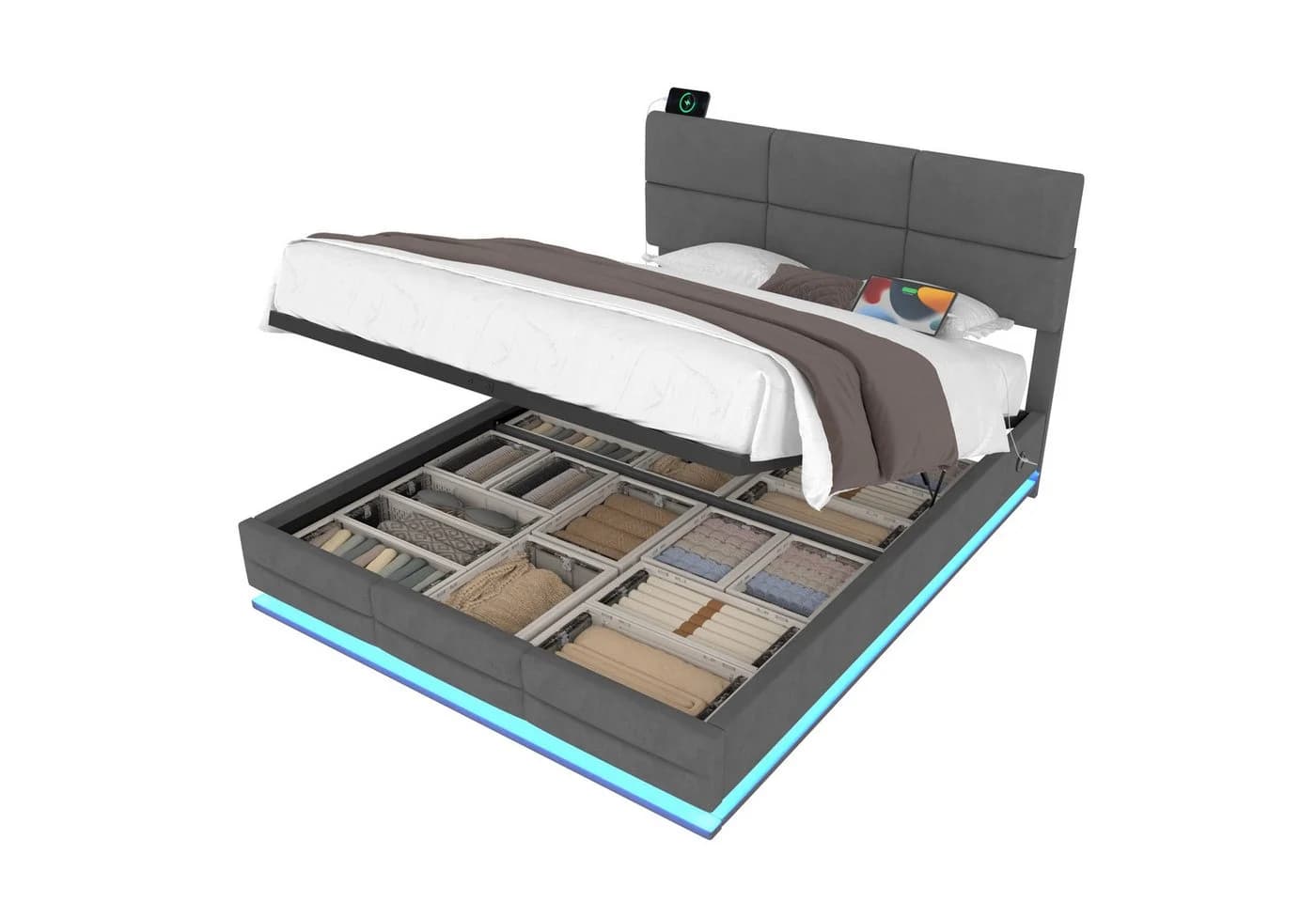OKWISH Polsterbett Stauraumbett mit LED & USB Beige/Grau - Bild 2
