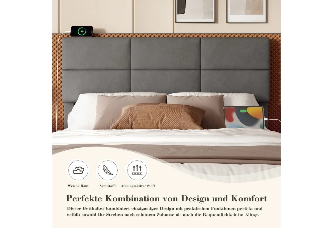 OKWISH Polsterbett Stauraumbett mit LED & USB Beige/Grau - Bild 5