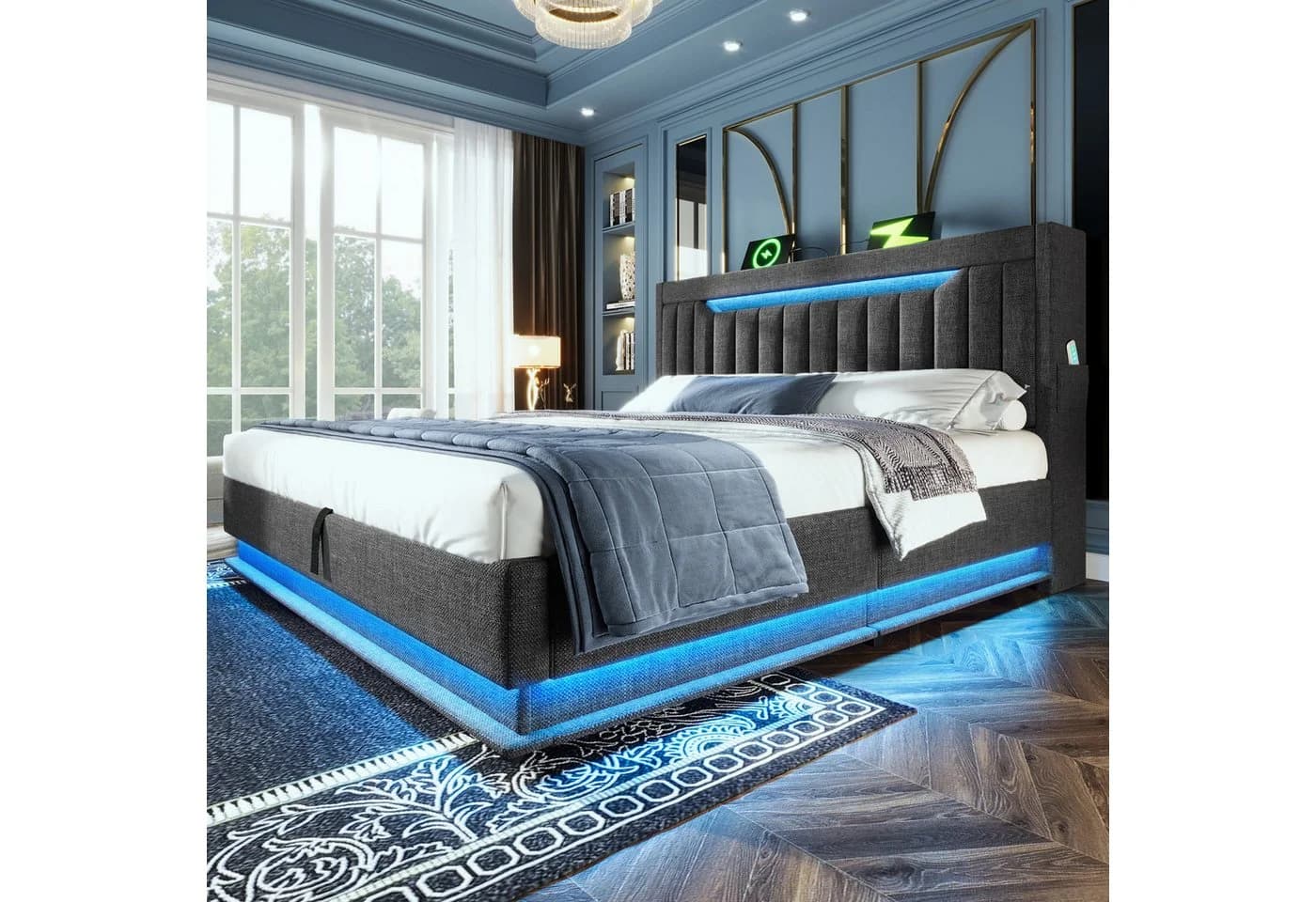 REDOM Polsterbett 180x200 cm mit LED-Beleuchtung und USB-Anschlüssen Grau