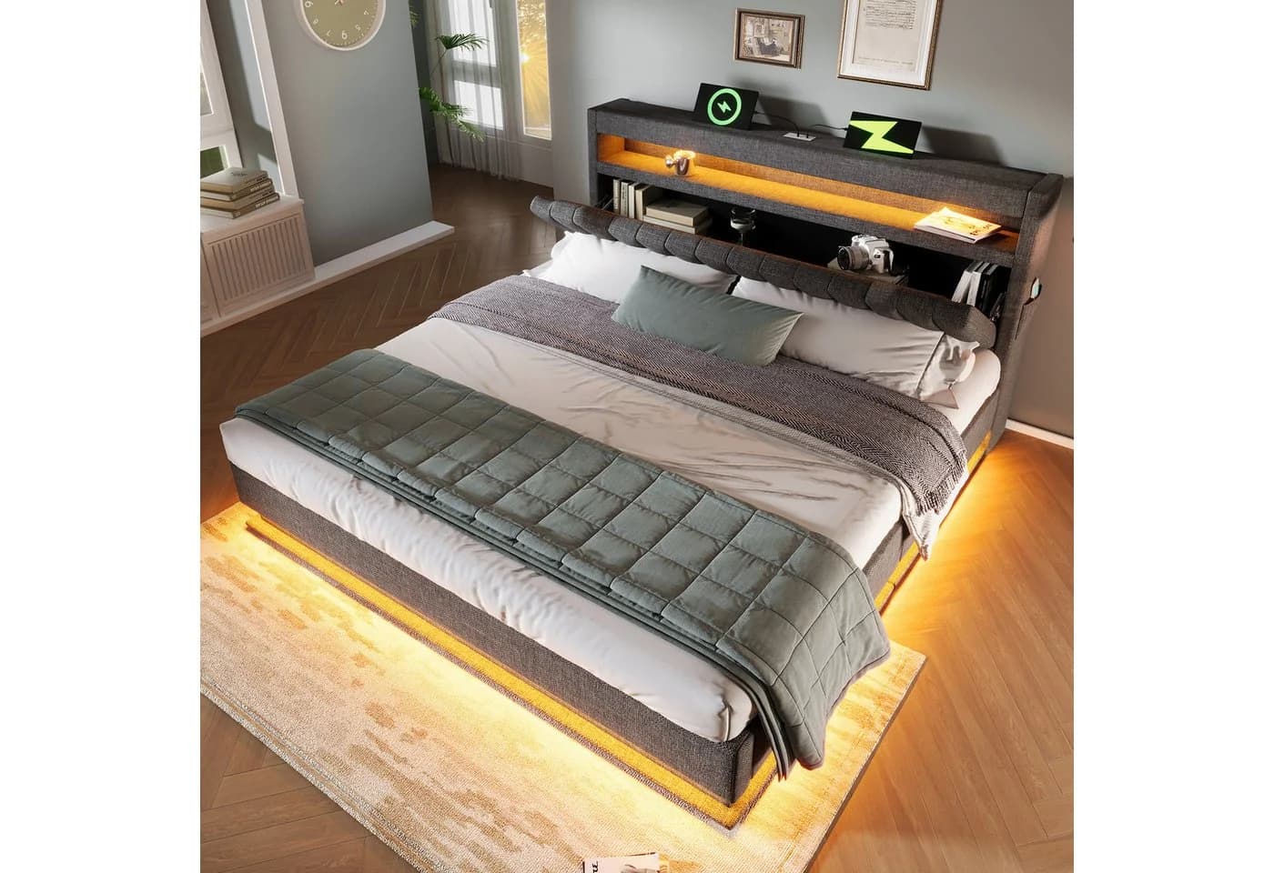 REDOM Polsterbett 180x200 cm mit LED-Beleuchtung und USB-Anschlüssen Grau - Bild 3