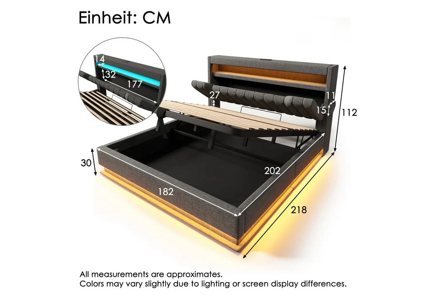 REDOM Polsterbett 180x200 cm mit LED-Beleuchtung und USB-Anschlüssen Grau - Bild 5