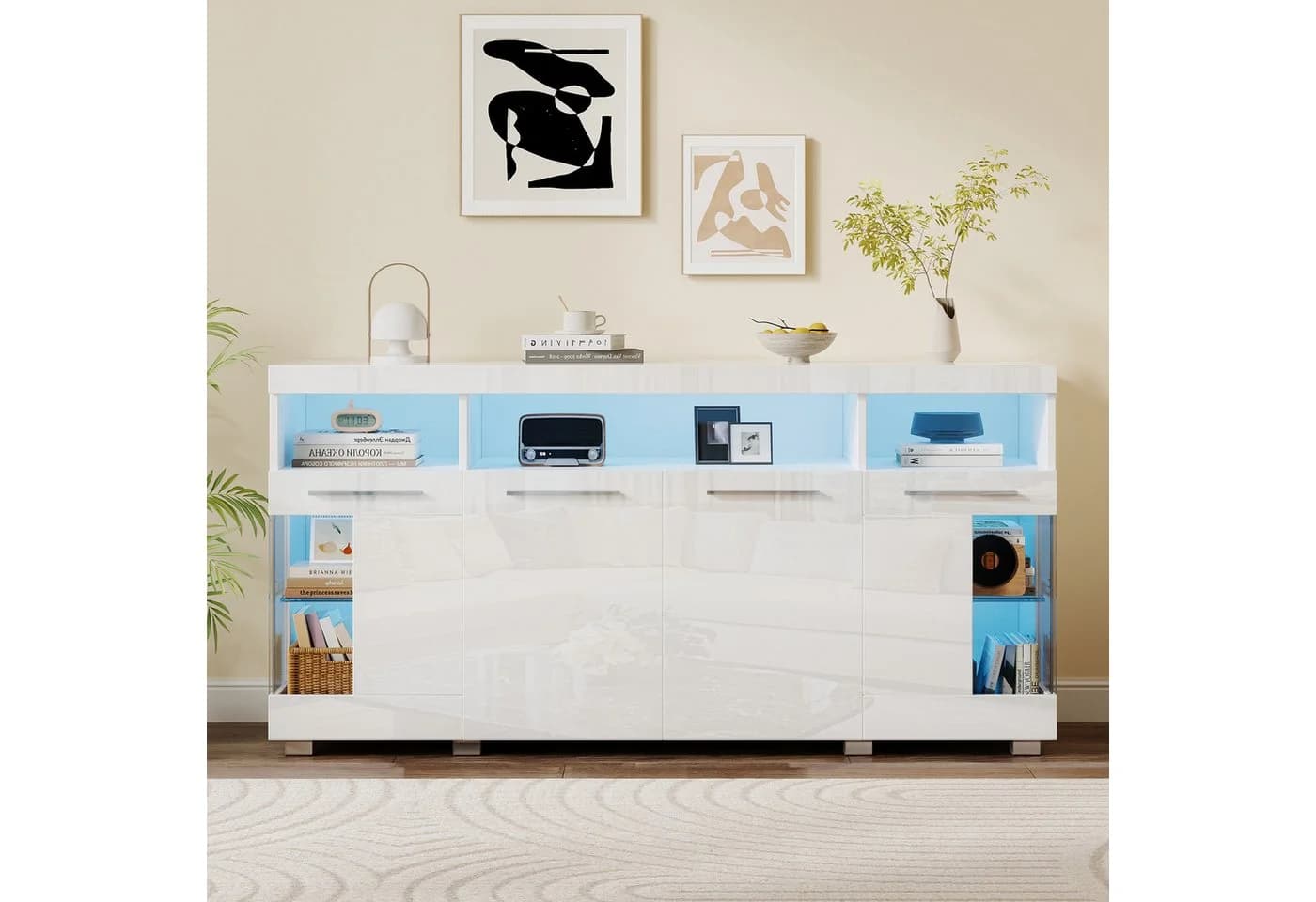 OKWISH Sideboard mit LED Licht & Glasfronten Weiß