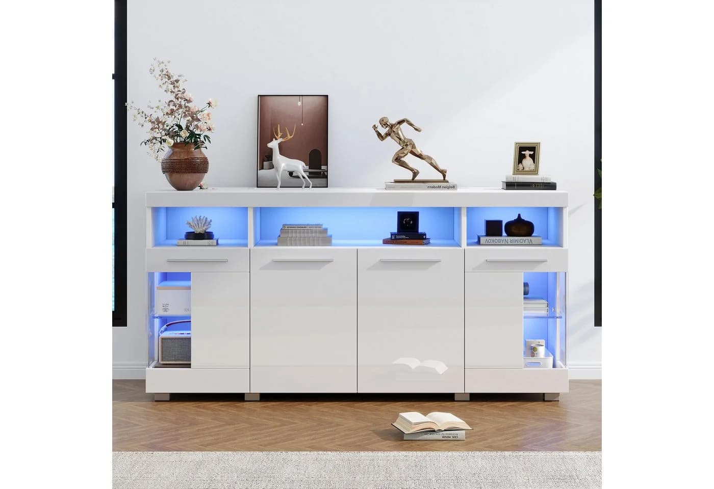 OKWISH Sideboard mit LED Licht & Glasfronten Weiß - Bild 2