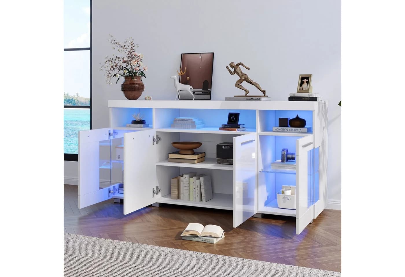 OKWISH Sideboard mit LED Licht & Glasfronten Weiß - Bild 3