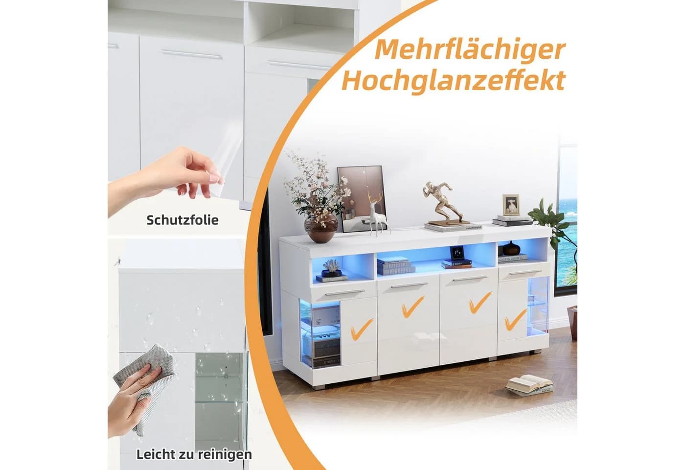 OKWISH Sideboard mit LED Licht & Glasfronten Weiß - Bild 5