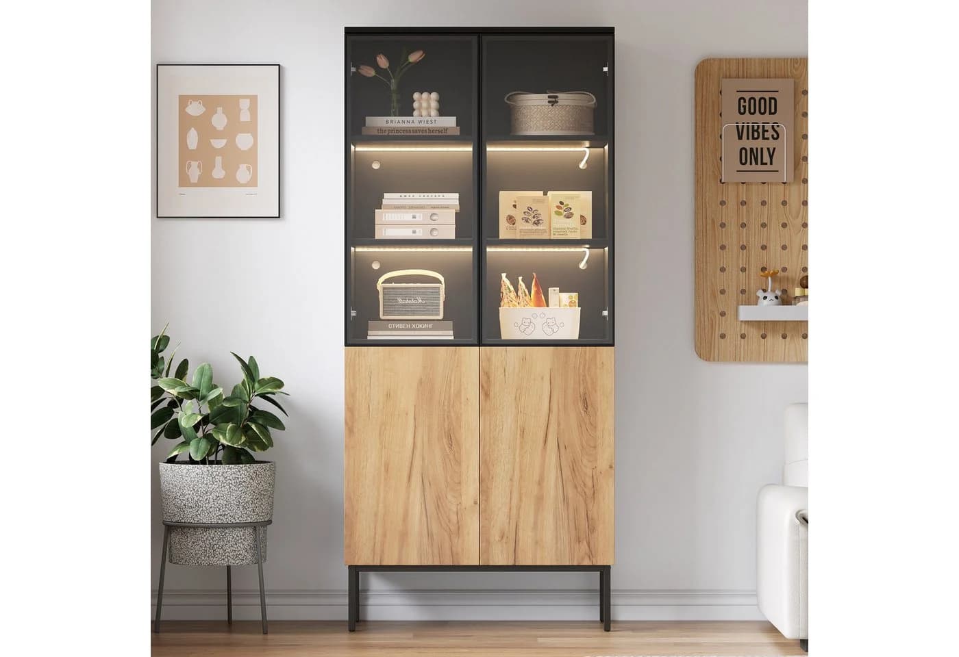 MODFU LED-Vitrine mit Pop-Up-Glastüren und LED-Beleuchtung Schwarz - Bild 5
